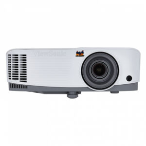 JFM Technology Front view of a white ViewSonic projector with a large central lens and left side ventilation on a light background