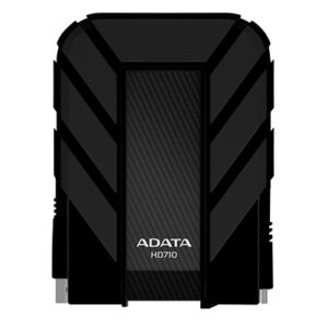 Front view of a black adata hd710 rugged external hard drive with diagonal protective ridges and carbon fiber center panel labeled adata hd710