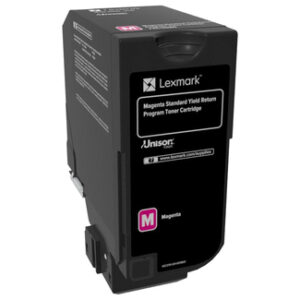 Lexmark magenta toner cartridge standard yield viewed at an angle with the label and Unison logo visible