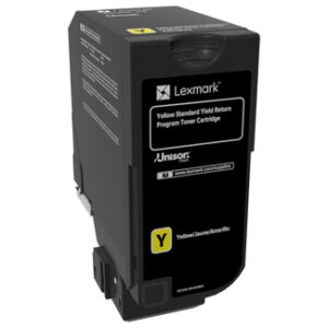Lexmark yellow standard yield toner cartridge facing front with handle and label on black body