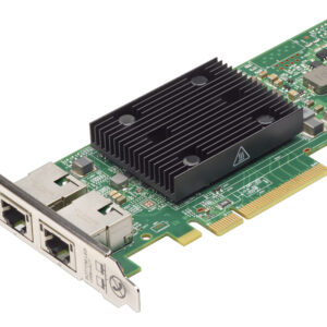 PCIe network card with two Ethernet ports and a large black heatsink mounted on a green PCB
