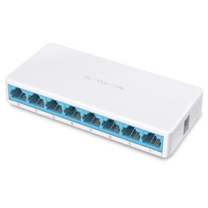 White 8port Ethernet switch with blue RJ45 jacks viewed at an angle used to connect multiple wired devices to a network