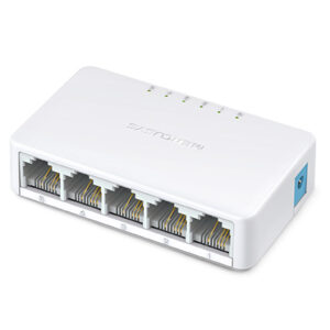 JFM Technology White four port ethernet switch with five led indicators on top and a blue power jack on the side