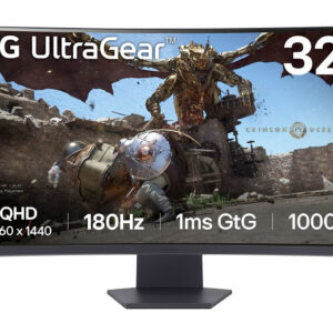 Lg ultragear 32 inch gaming monitor showing a fantasy battle scene with a dragon and knight on screen specs include qhd 2560×1440 180 hz 1 ms gtg 1000r