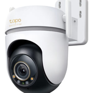 White dome security camera mounted on a wall bracket branded tapo 3K5MP for surveillance use