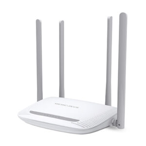 JFM Technology White wireless router with four tall external antennas on a white background resting on a flat surface