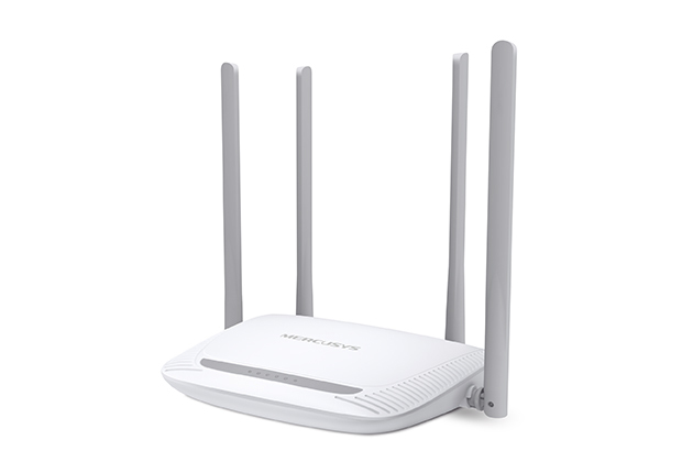 JFM Technology White wireless router with four tall external antennas on a white background resting on a flat surface