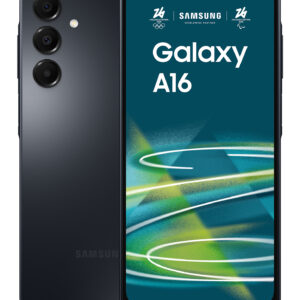 JFM Technology Back and front view of Samsung Galaxy A16 smartphone featuring a triple camera setup on the back and a teal wallpaper on the front display outside a small notch at the top