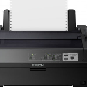 JFM Technology Epson printer with continuous feed paper exiting the top and a control panel visible on the front