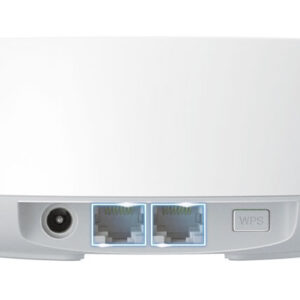 Back view of a white wireless routeraccess point showing a power jack two Ethernet ports and a WPS button