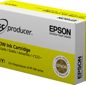 Yellow ink cartridge box labeled yellow ink cartridge with discproducer and epson logos for ppjc5y series multi language text visible