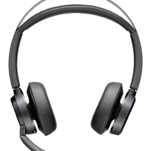 Close up of black over ear headphones with cushioned headband and attached boom microphone