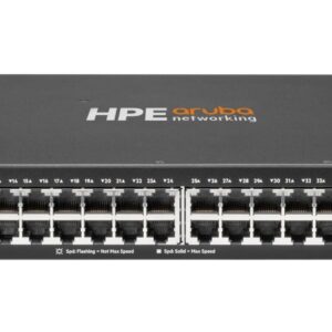 Front panel of an HPE Aruba Networking switch with dozens of Ethernet ports and PoE indicators used for data center networking