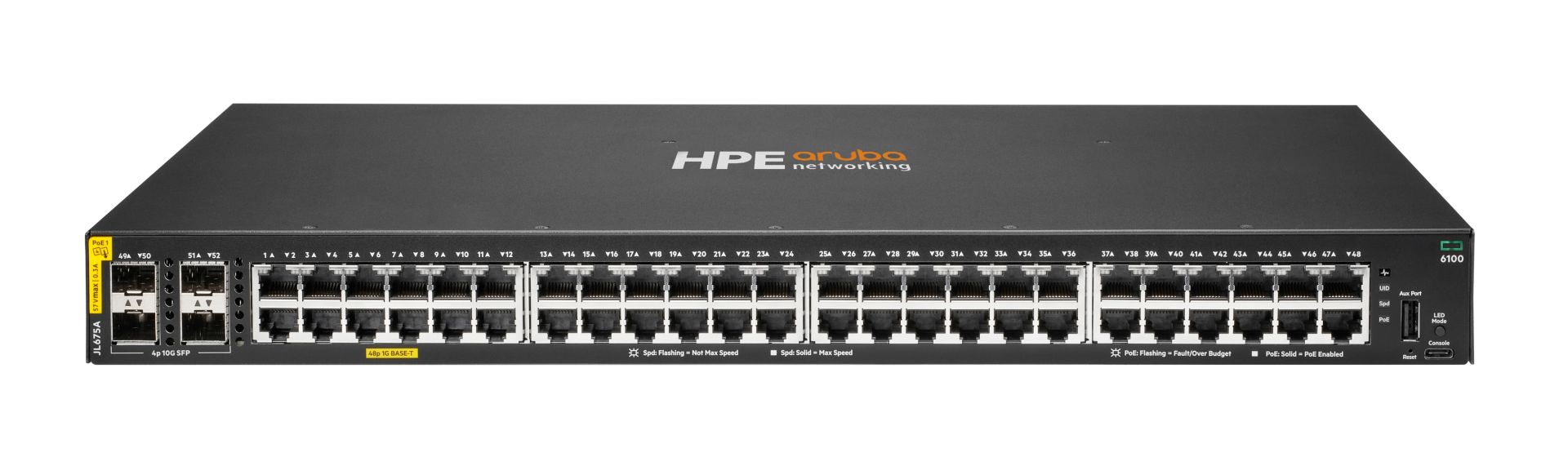 JFM Technology Front panel of an hpe aruba networking switch with dozens of ethernet ports and poe indicators used for data center networking