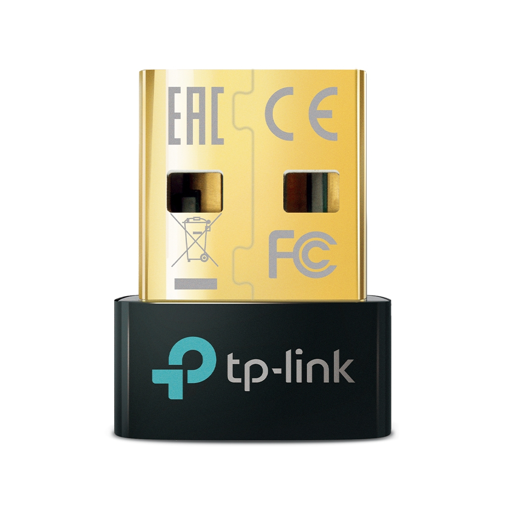 JFM Technology TP Link USB wireless adapter dongle with gold metal plug and black base showing CE FCC and EAC marks
