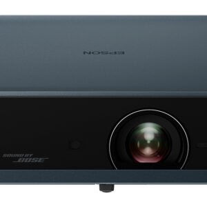Epson projector with a large central lens on a blue gray body and Bose branding
