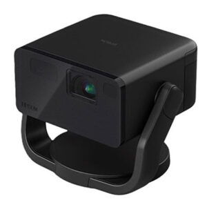 Black compact projector mounted on a swiveling stand with the front lens visible