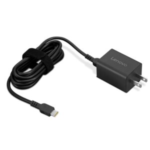 Lenovo wall charger with a two prong plug and a long USB C power cable coiled and secured with a Velcro strap