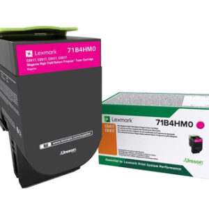 Lexmark toner cartridge with magenta label beside a white and green box labeled 71B4HMO