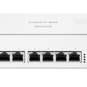 Front view of an Instant On Switch Series 1930 network switch with eight RJ 45 ports 18 and two 1GbE SFP+ ports on the right
