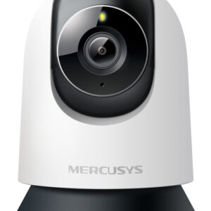 JFM Technology Mercusys desktop webcam facing forward with lens and green status light white curved body on a black stand