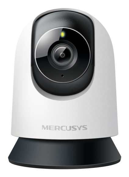 JFM Technology Mercusys desktop webcam facing forward with lens and green status light white curved body on a black stand