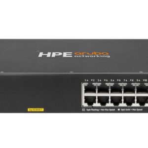 JFM Technology Front view of a 1U HPE Aruba Networking Ethernet switch with 24 RJ 45 ports and two SFP ports on the left rack mountable Logo reads HPE Aruba Networking