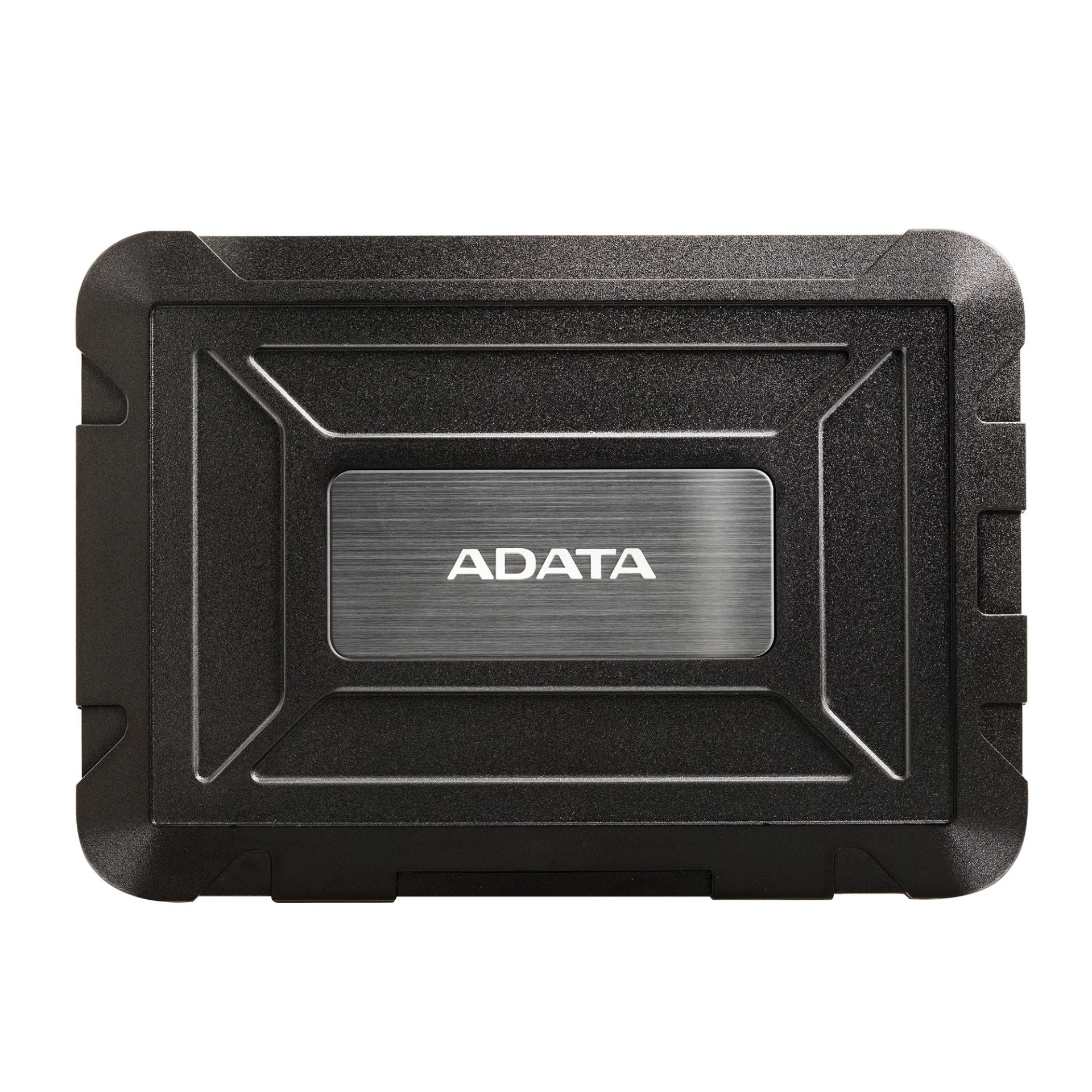 JFM Technology Close up of a black rugged ADATA external hard drive enclosure with a textured surface and metal plate in the center
