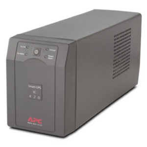 Apc smart ups uninterruptible power supply with front panel power switch and status indicators on a grey box