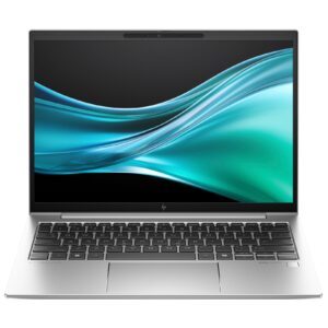 HP EliteBook laptop open showing silver chassis black keyboard and blue wave wallpaper on screen