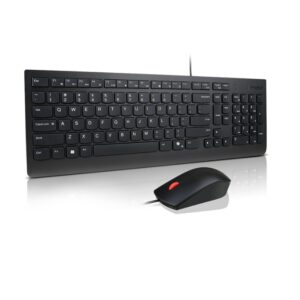 Wireless keyboard and mouse set  Lenovo  on a white background keyboard angled with a wired mouse in front
