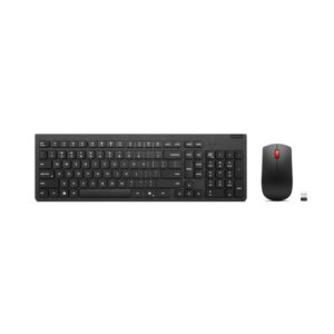 JFM Technology Wireless keyboard and mouse set with USB receiver black with red accents placed on a white background