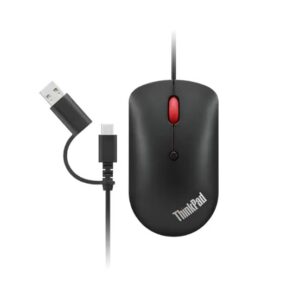 Black ThinkPad computer mouse with a red scroll wheel shown with its USB A dongle and wireless receiver