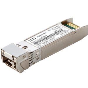 SFP+ 10G SR transceiver module with metal housing and gold connector contacts shown at an angle