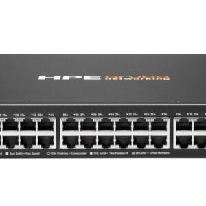 Front view of an hp enterprise networking switch with numerous poe ports and status leds rack mountable 1u chassis