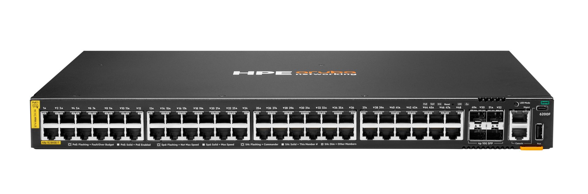 JFM Technology Front view of an hp enterprise networking switch with numerous poe ports and status leds rack mountable 1u chassis