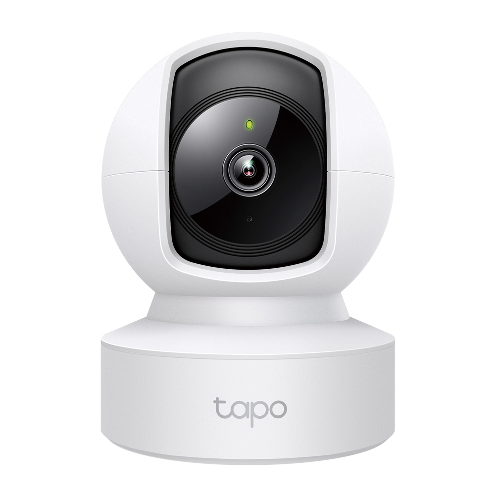 JFM Technology White spherical security camera on a circular base with the tapo logo visible on the stand