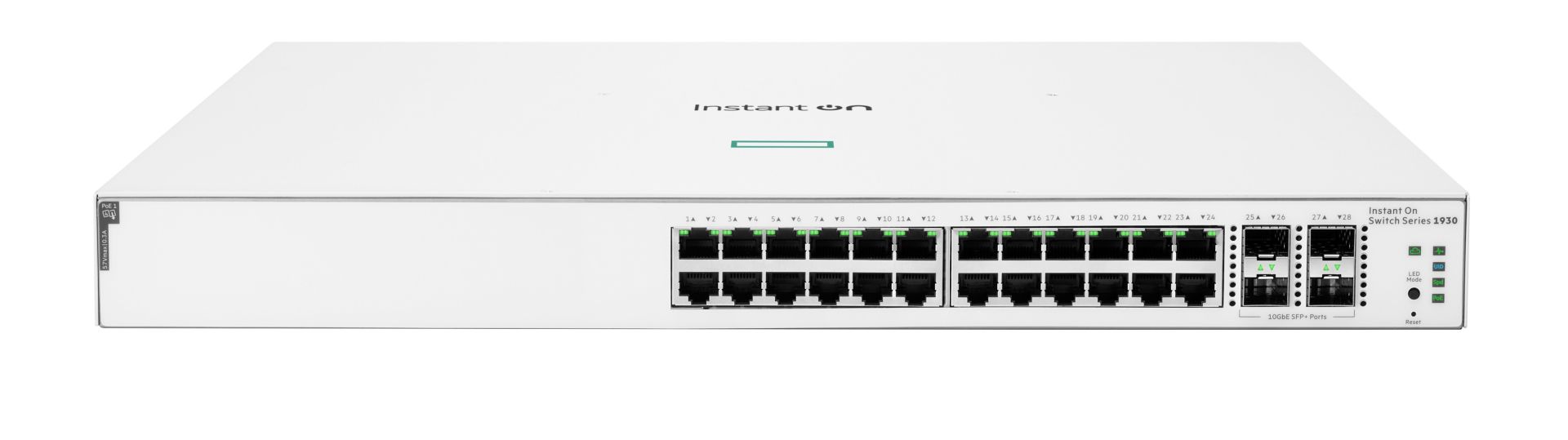 JFM Technology Front view of an instant on 1930 network switch with multiple ethernet ports and status leds