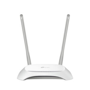 JFM Technology White wireless router with two tall external antennas on a plain background