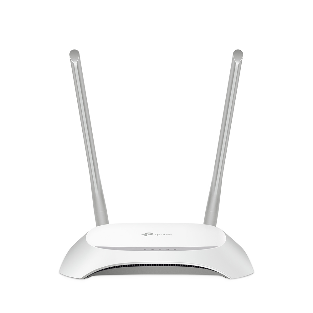 JFM Technology White wireless router with two tall external antennas on a plain background