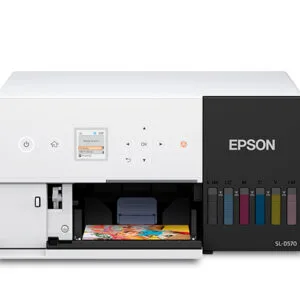 JFM Technology White epson printer with color ink cartridges visible on the right and a photo being printed in the tray