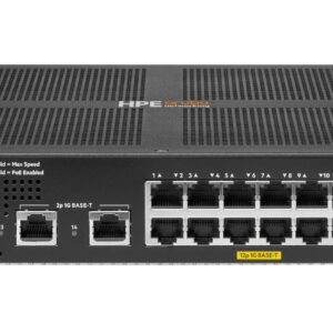 Front view of an HPE 6100 networking switch with multiple Ethernet ports and status LEDs