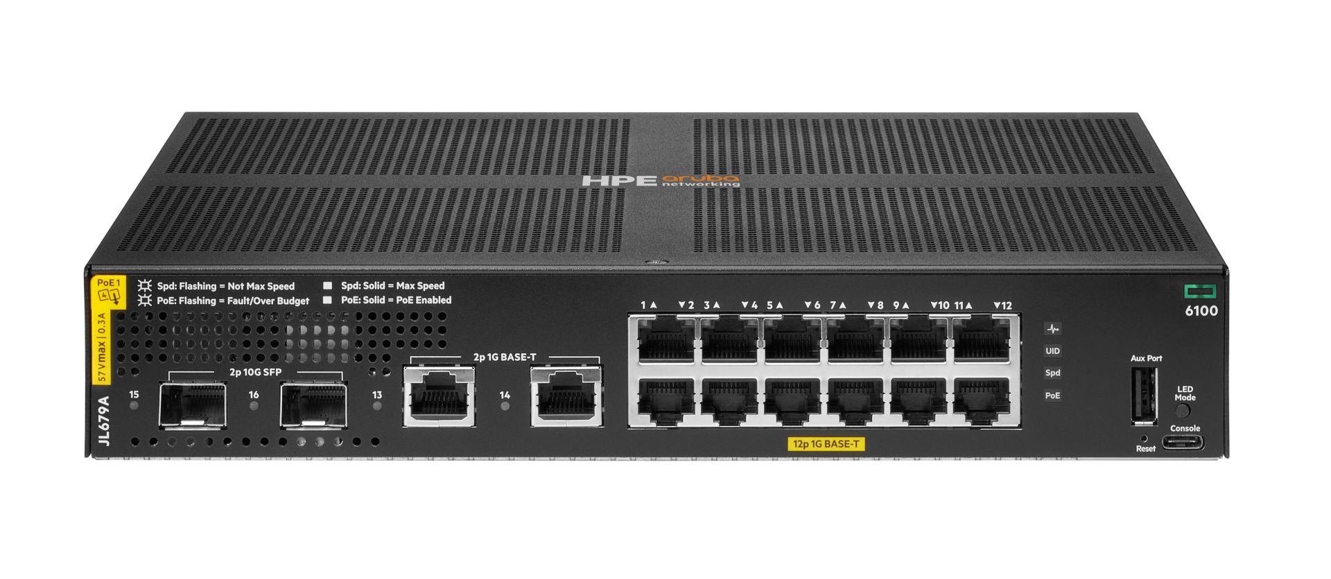 JFM Technology Front view of an hpe 6100 networking switch with multiple ethernet ports and status leds