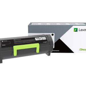 Lexmark unison toner cartridge with a bright green handle beside its gray packaging box