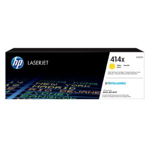 JFM Technology Hp laserjet toner cartridge box with hp logo and 414x marking white and black design yellow color dot indicating color group