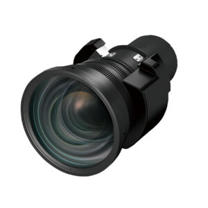 Front left view of a black telephoto camera lens with focusing rings and glass elements in front
