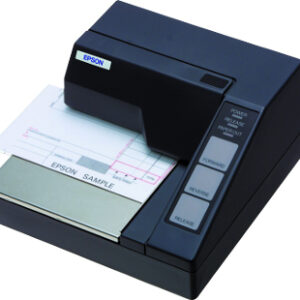 Compact Epson lab printer with label sheets loaded viewed from an angled top left perspective