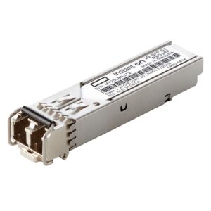 SFP transceiver module with barcode label and an angled view showing the metal housing and connector end