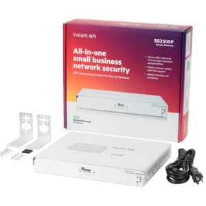 Boxed all in one small business network security gateway with mounting brackets and power cables visible