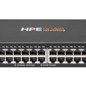 Front view of an hpe aruba networking switch 6000 series with many ethernet ports and status leds along the front panel